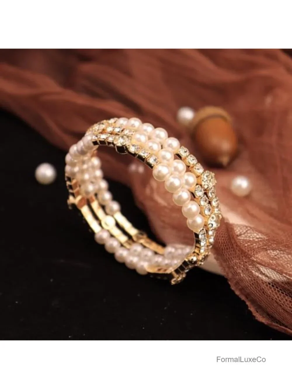 Layered Rhinestone Pearl Cuff Bracelet Baroque Bridal Bangle
